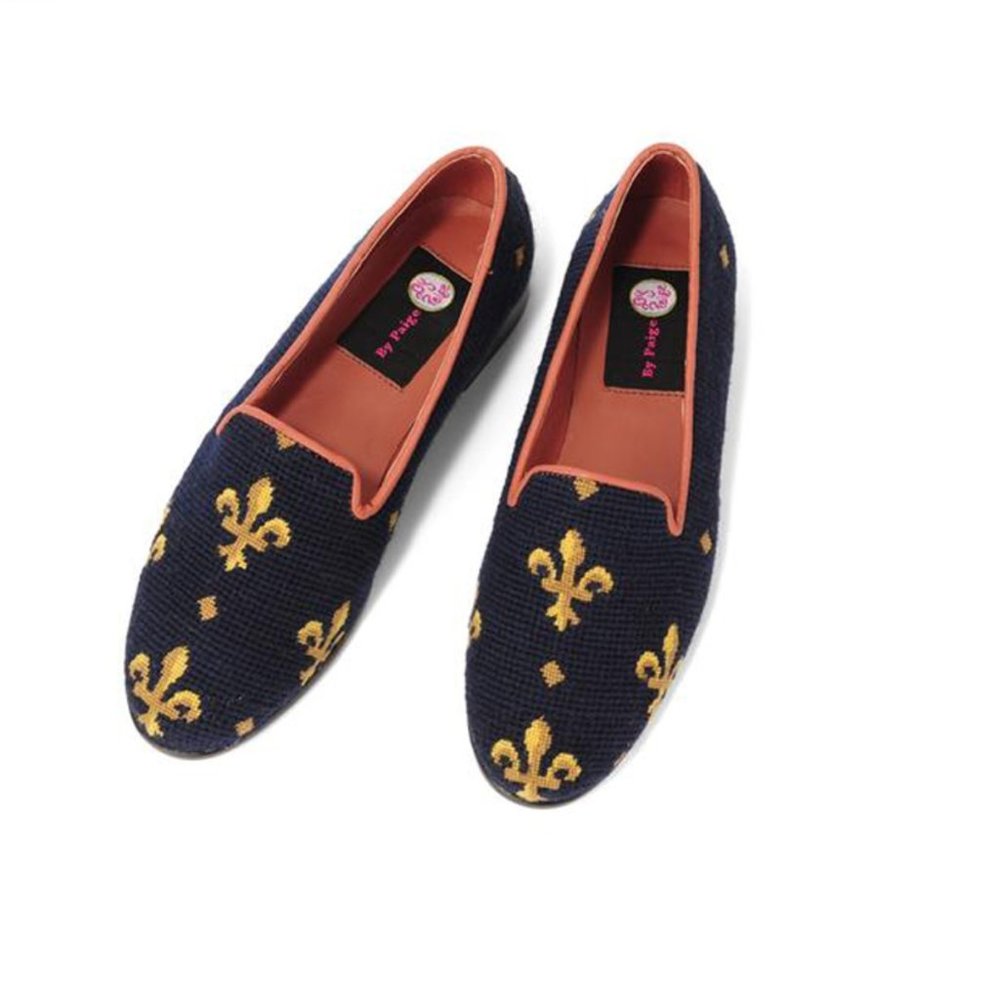 Elegant Navy and Gold Fleur-de-Lis Loafers - Picture 5 of 14